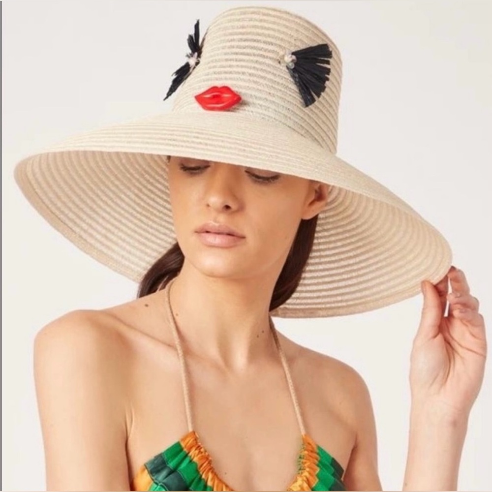 YESTADT Millinery Designer Sun Hat Straw Face Lips wide brim zara revolve $368